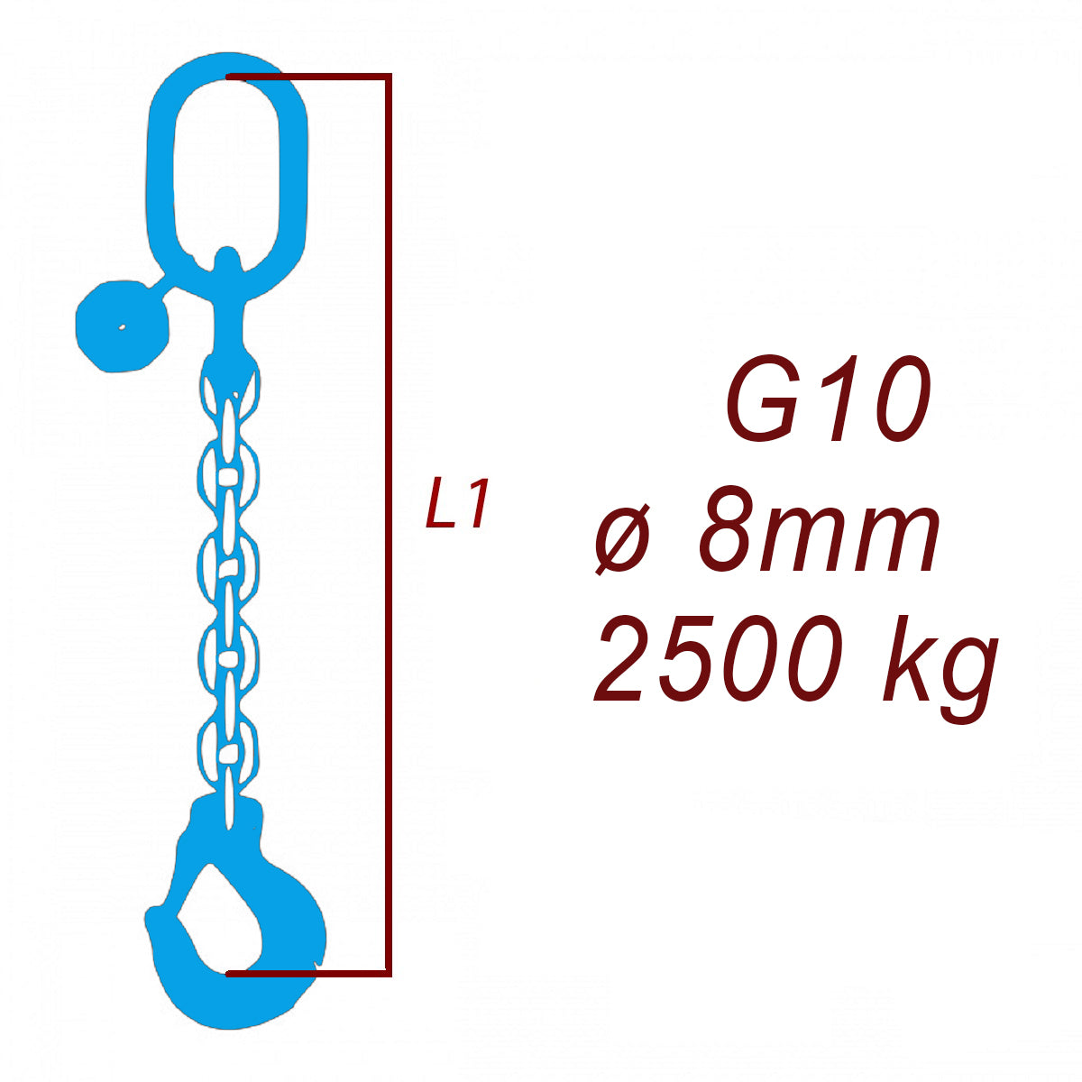 Zawiesie łańcuchowe 1-cięgnowe klasa 10, Ogniwo-Hak, ⌀8mm, nośność 2500kg