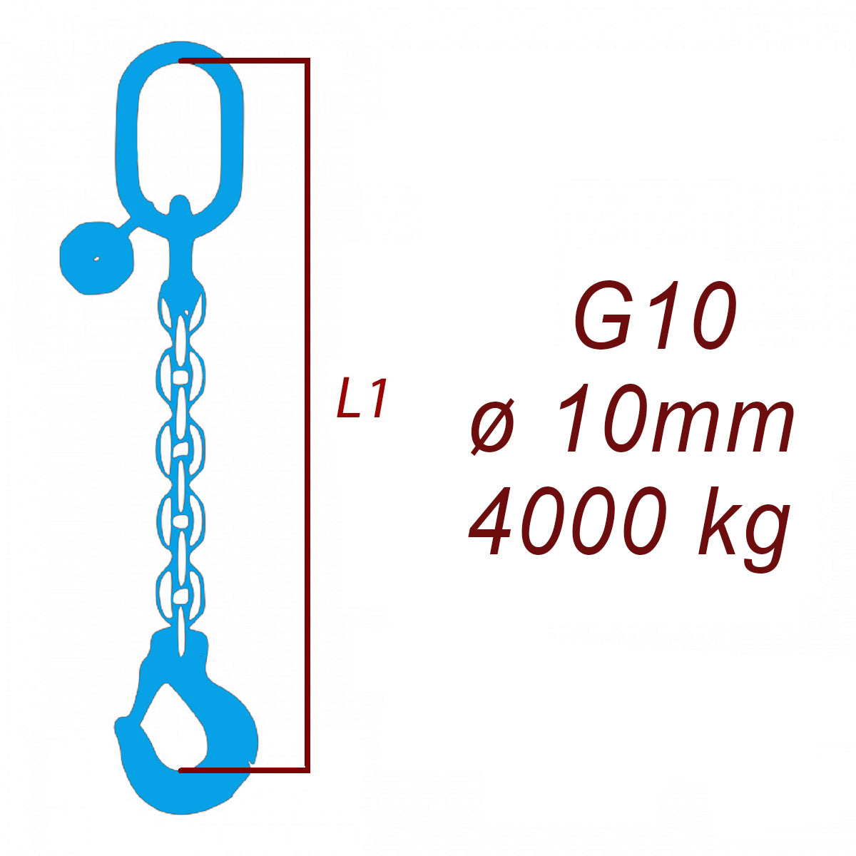 Zawiesie łańcuchowe 1-cięgnowe klasa 10, Ogniwo-Hak, ⌀10mm, nośność 4000kg