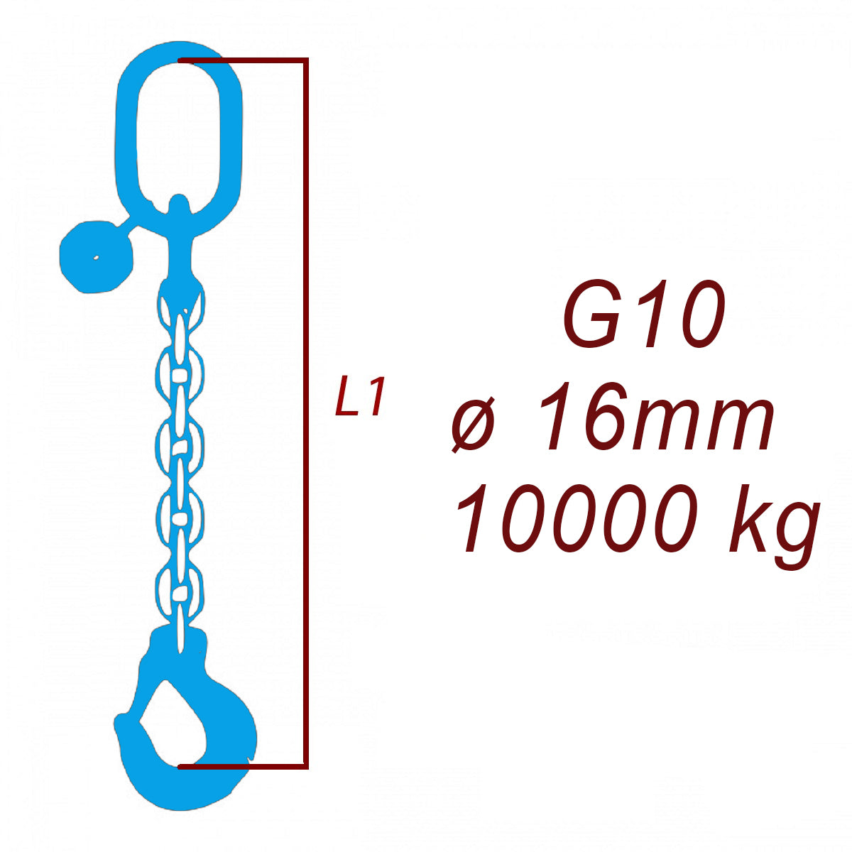 Zawiesie łańcuchowe 1-cięgnowe klasa 10, Ogniwo-Hak, ⌀16mm, nośność 10000kg