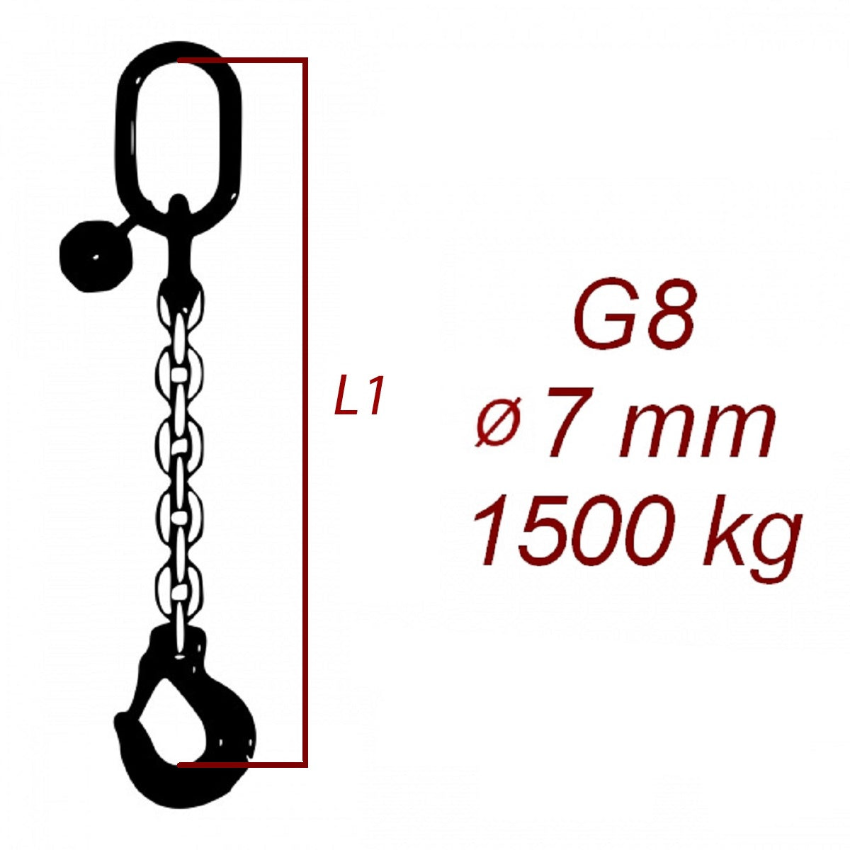 Zawiesie łańcuchowe 1-cięgnowe klasa 8, Ogniwo-Hak, średnica 7mm, nośność 1500kg