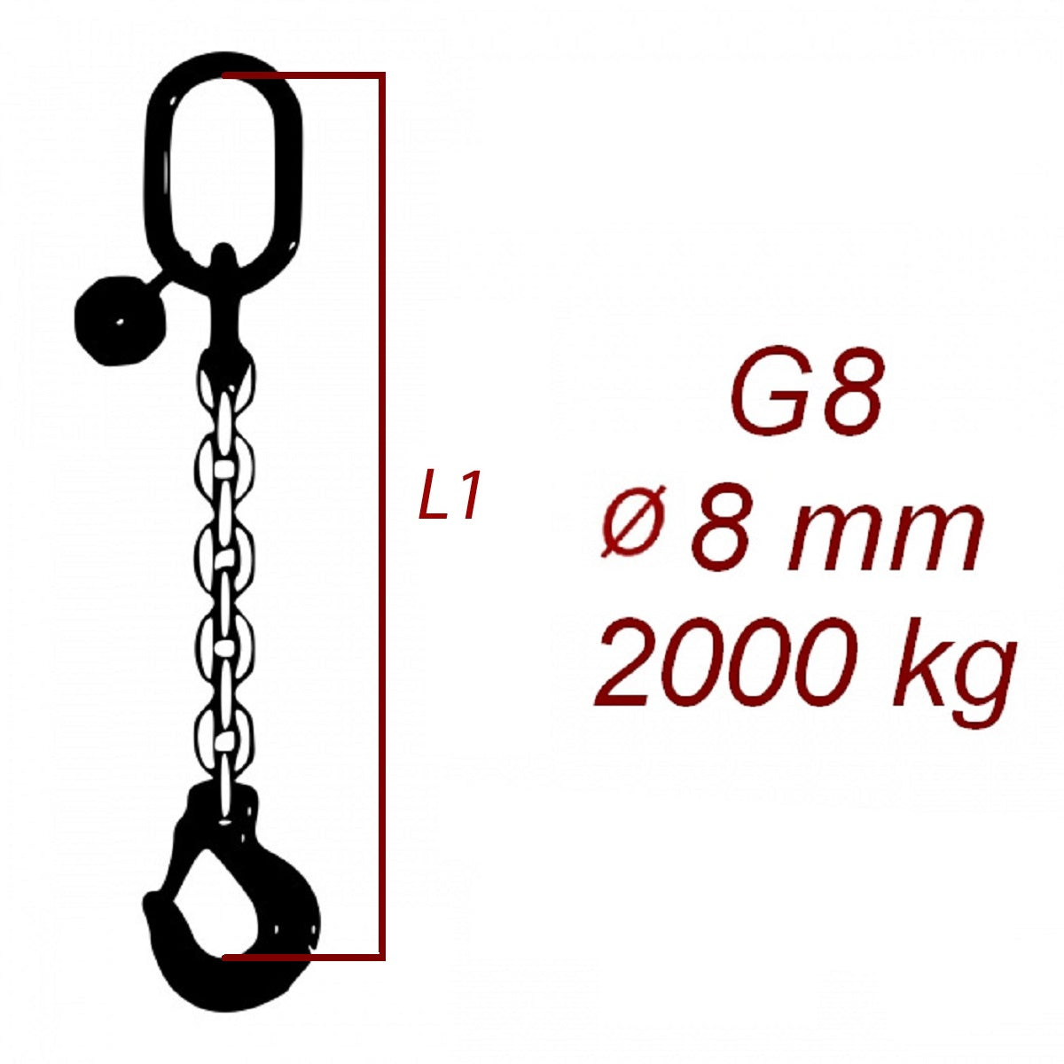 Zawiesie łańcuchowe 1-cięgnowe klasa 8, Ogniwo-Hak, średnica 8mm, nośność 2000kg