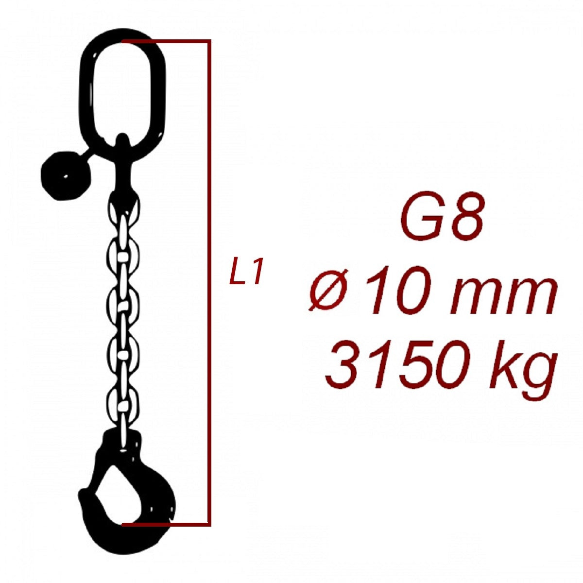 Zawiesie łańcuchowe 1-cięgnowe klasa 8, Ogniwo-Hak, średnica 10mm, nośność 3150kg
