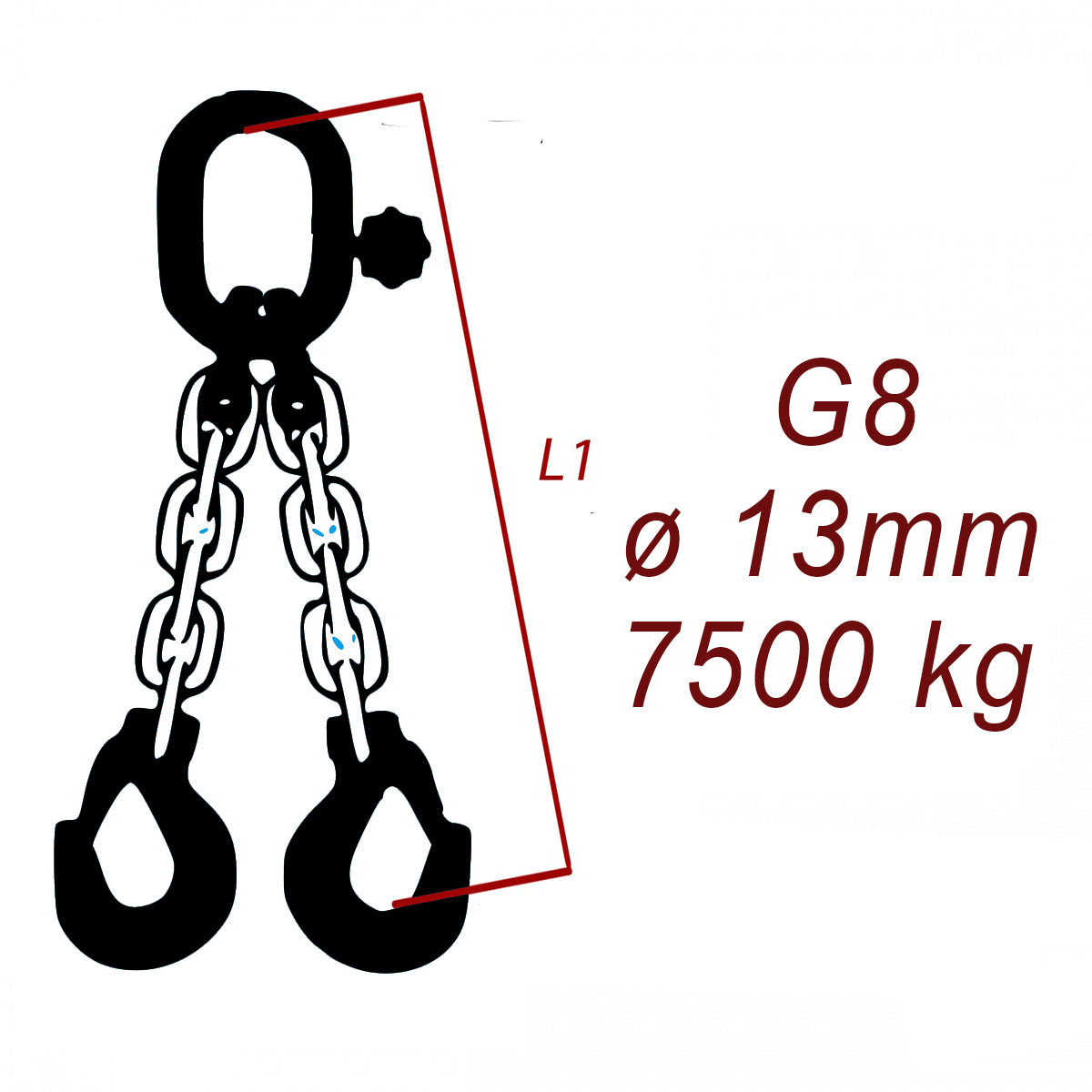 Zawiesie łańcuchowe 2-cięgnowe klasa 8, Ogniwo-Hak, średnica 13mm, nośność 7500kg