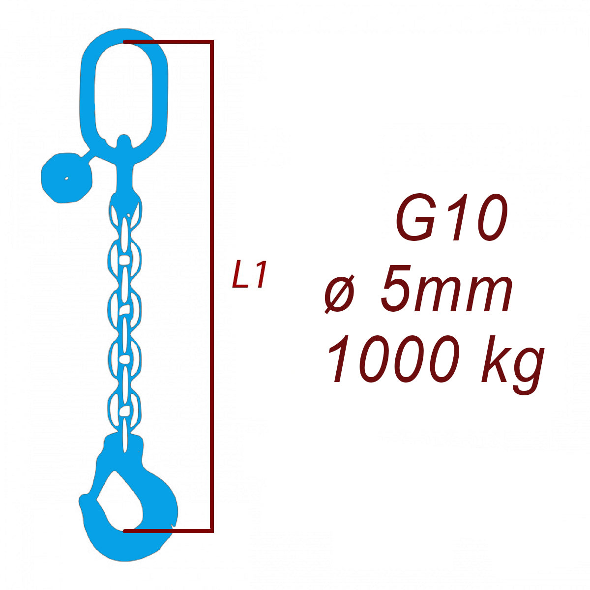 Zawiesie łańcuchowe 1-cięgnowe klasa 10, Ogniwo-Hak, ⌀5mm, nośność 1000kg