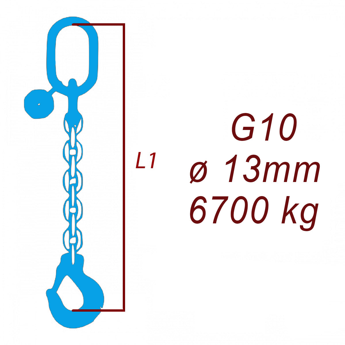 Zawiesie łańcuchowe 1-cięgnowe klasa 10, Ogniwo-Hak, ⌀13mm, nośność 6700kg
