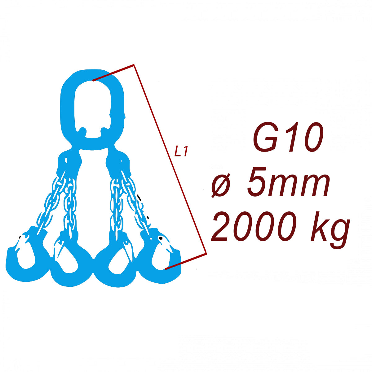 Zawiesie łańcuchowe 4-cięgnowe klasa 10, Ogniwo-Hak, ⌀5mm, nośność 2000kg