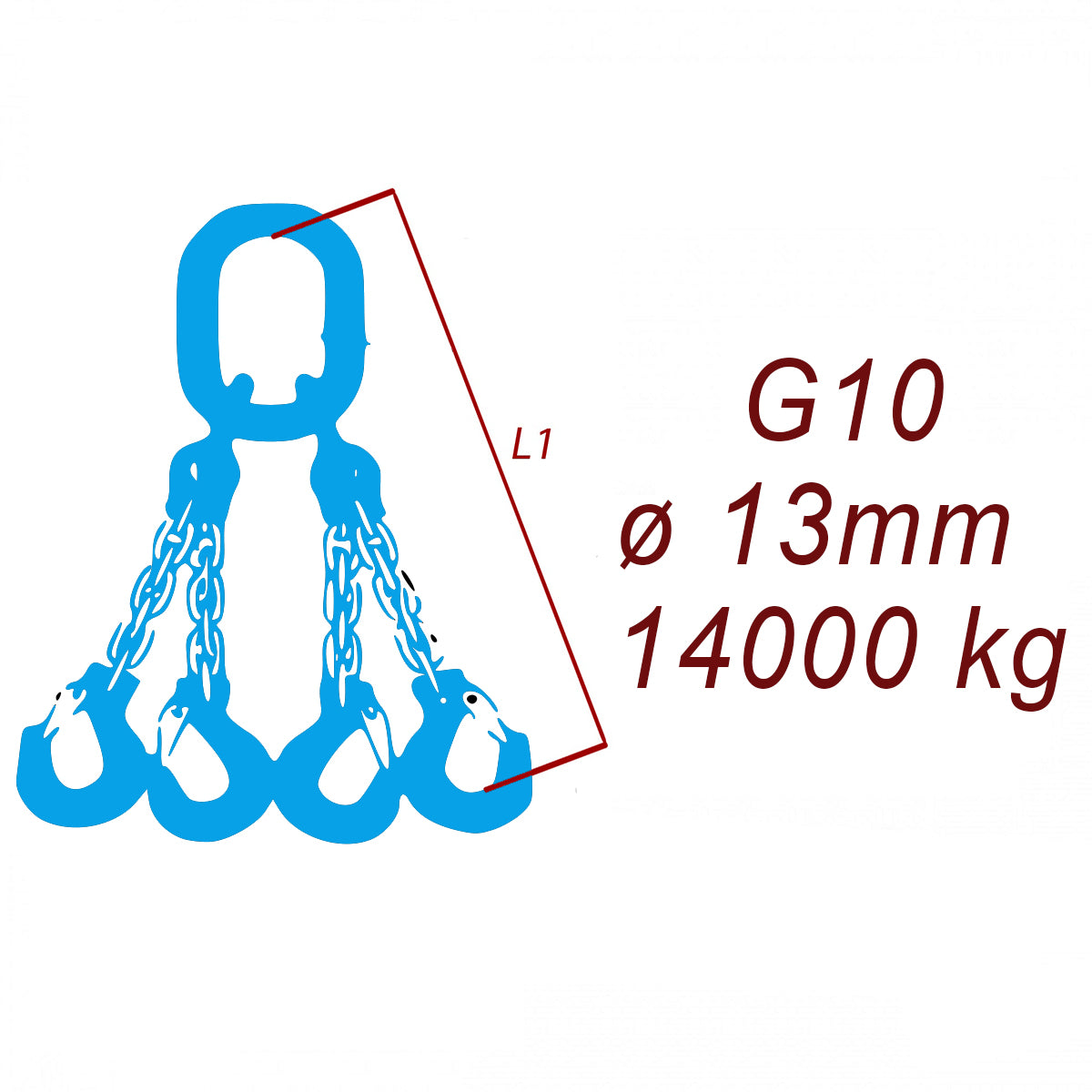 Zawiesie łańcuchowe 4-cięgnowe klasa 10, Ogniwo-Hak, ⌀13mm, nośność 14000kg