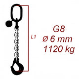 Zawiesie łańcuchowe 1-cięgnowe klasa 8, Ogniwo-Hak, średnica 6mm, nośność 1120kg