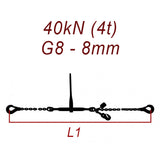 Łańcuch transportowy jednoczęściowy z hakami, klasa 8, 8mm, siła mocowania 40 kN