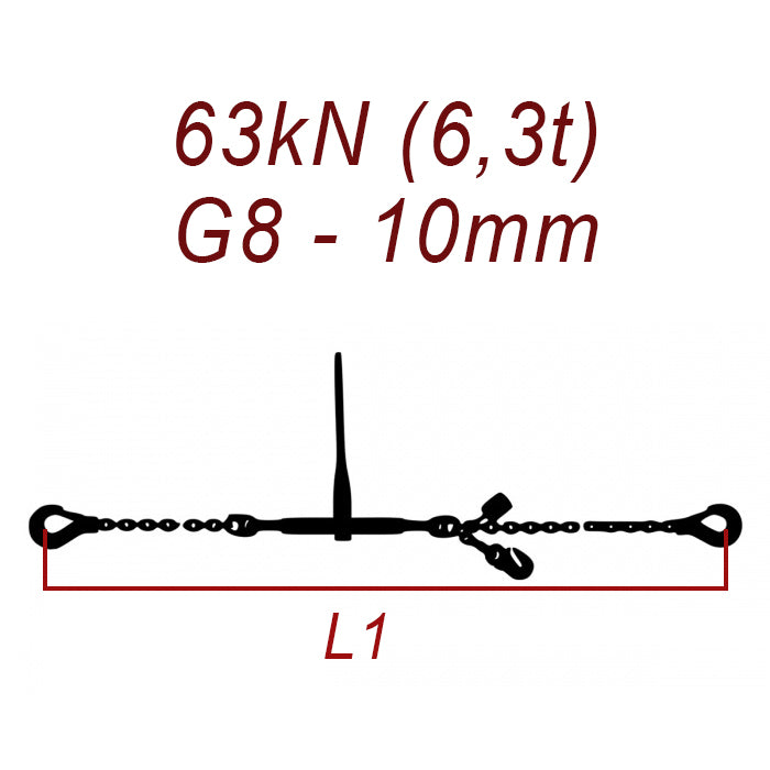 Łańcuch transportowy jednoczęściowy z hakami, klasa 8, 10mm, siła mocowania 63 kN