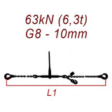 Łańcuch transportowy jednoczęściowy z hakami, klasa 8, 10mm, siła mocowania 63 kN