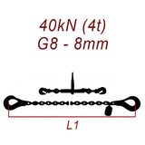 Łańcuch transportowy dwuczęściowy z hakami, klasa 8, 8mm, siła mocowania 40 kN