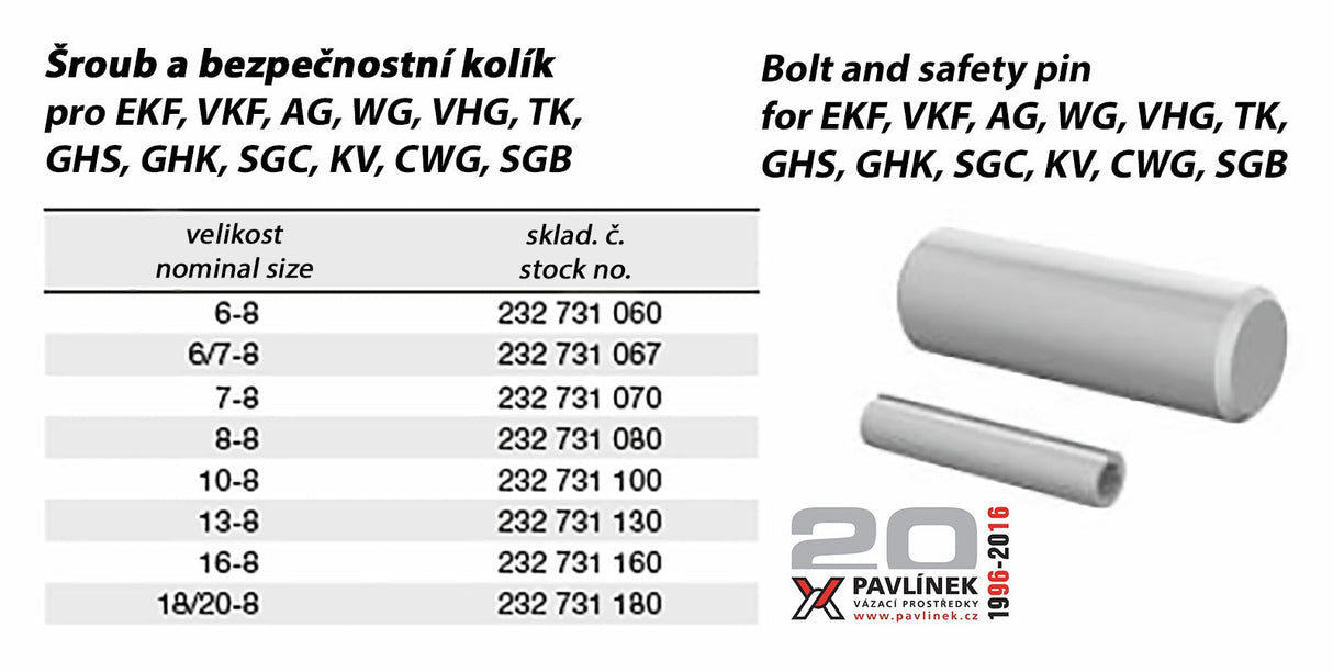 Sworzeń i kołek zabezpieczający do EKF, VKF, AG, VVG, VHG, TK, GHS, GHK, SGC, KV, CWG, SGB